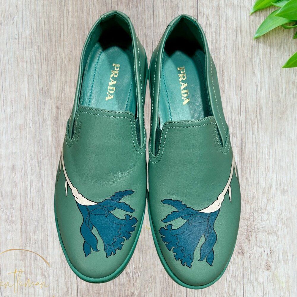 PRADA Sneakers Womans Leather Slip On EU SIZE 38.5 Blue/White/Green NWOT